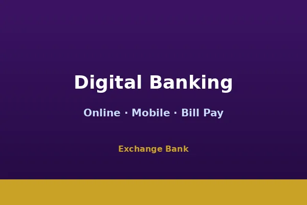 Exchange Bank mobile banking app on smartphone showing account dashboard with balance, recent transactions, and bill pay